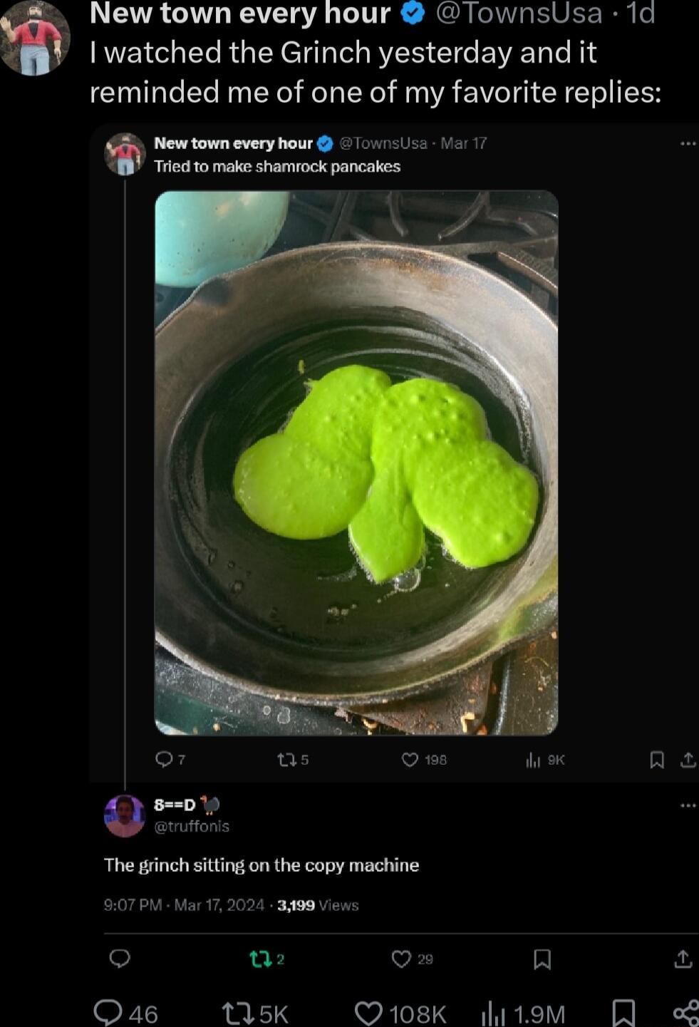 New town every hour TownsUsa 1d watched the Grinch yesterday and it reminded me of one of my favorite replies New town every hour 111s e Tedt o make shamrock pancakes e a o Ouss 115K Q108K litom A S