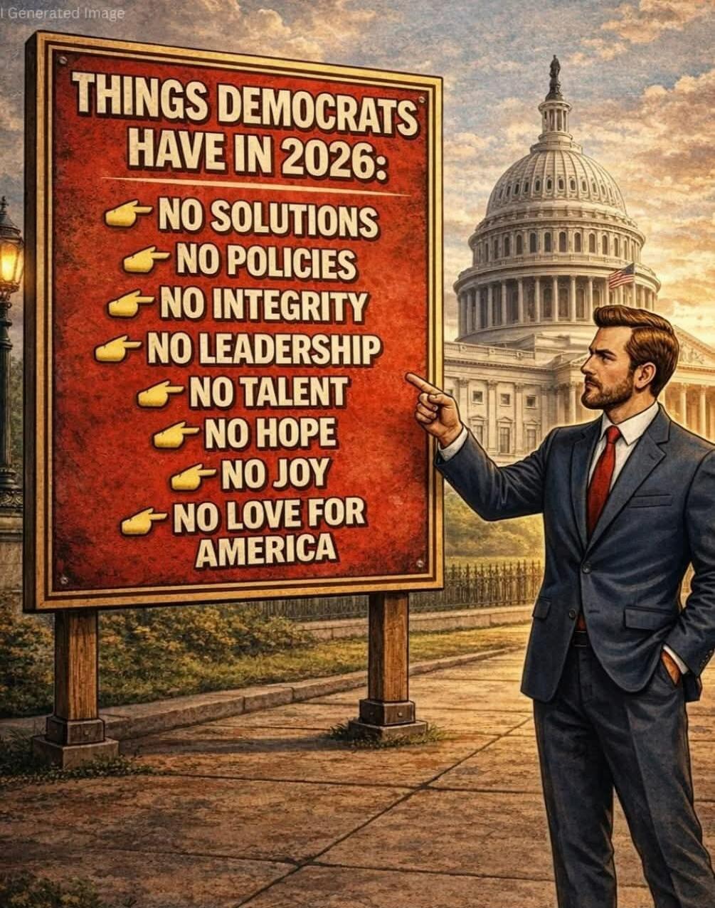 THINGS DEMOCRATS HAVE IN 2026: NO SOLUTIONS, NO POLICIES, NO INTEGRITY, NO LEADERSHIP, NO TALENT, NO HOPE, NO JOY, NO LOVE FOR AMERICA.