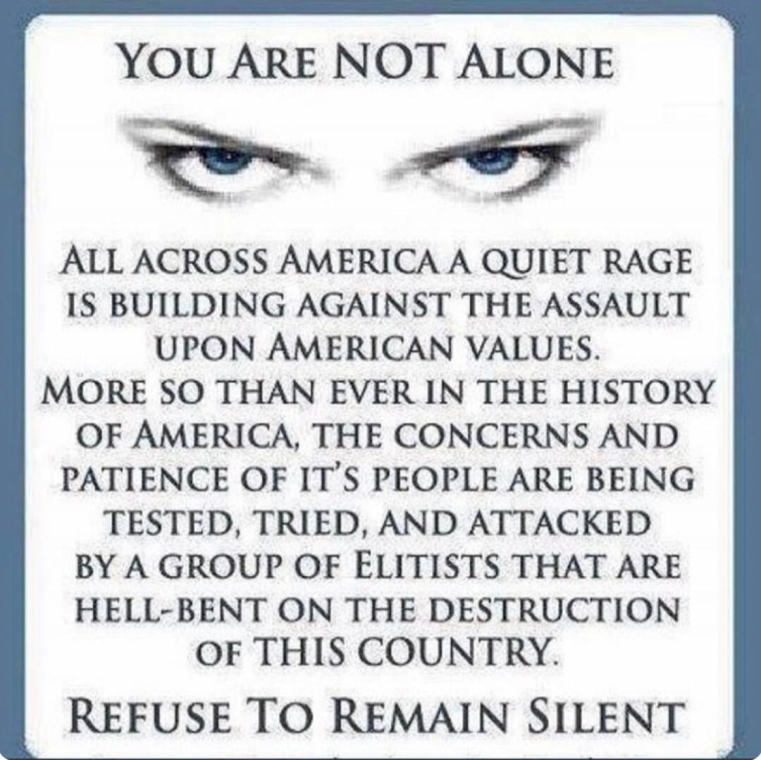 YOU ARE NOT ALONE

ALL ACROSS AMERICA A QUIET RAGE IS BUILDING AGAINST THE ASSAULT UPON AMERICAN VALUES. MORE SO THAN EVER IN THE HISTORY OF AMERICA, THE CONCERNS AND PATIENCE OF IT’S PEOPLE ARE BEING TESTED, TRIED, AND ATTACKED BY A GROUP OF ELITISTS THAT ARE HELL-BENT ON THE DESTRUCTION OF THIS COUNTRY.
REFUSE TO REMAIN SILENT