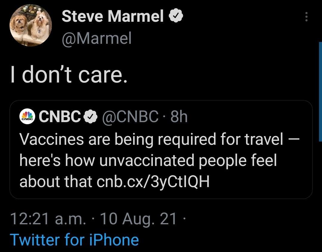 Steve Marmel LELnE Welop R ler 1 CNBC CNBC 8h Vaccines are being required for travel heres how unvaccinated people feel about that cnbcx3yCtIQH 1221 am 10 Aug 21 Twitter for iPhone