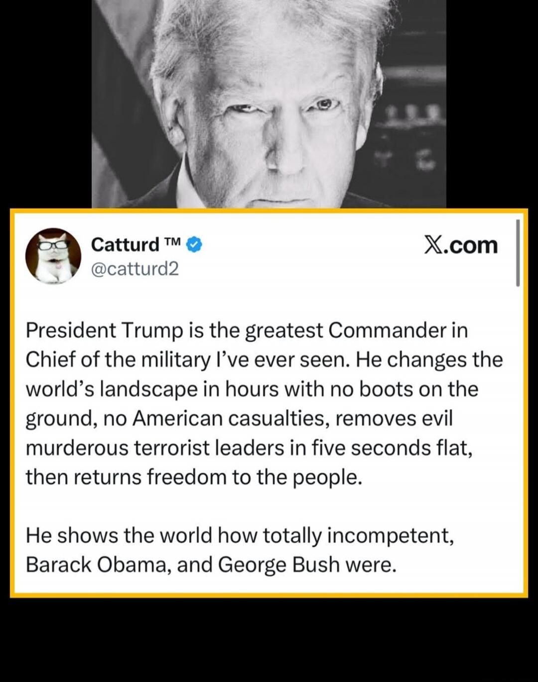 President Trump is the greatest Commander in Chief of the military I've ever seen. He changes the world's landscape in hours with no boots on the ground, no American casualties, removes evil murderous terrorist leaders in five seconds flat, then returns freedom to the people. He shows the world how totally incompetent, Barack Obama, and George Bush