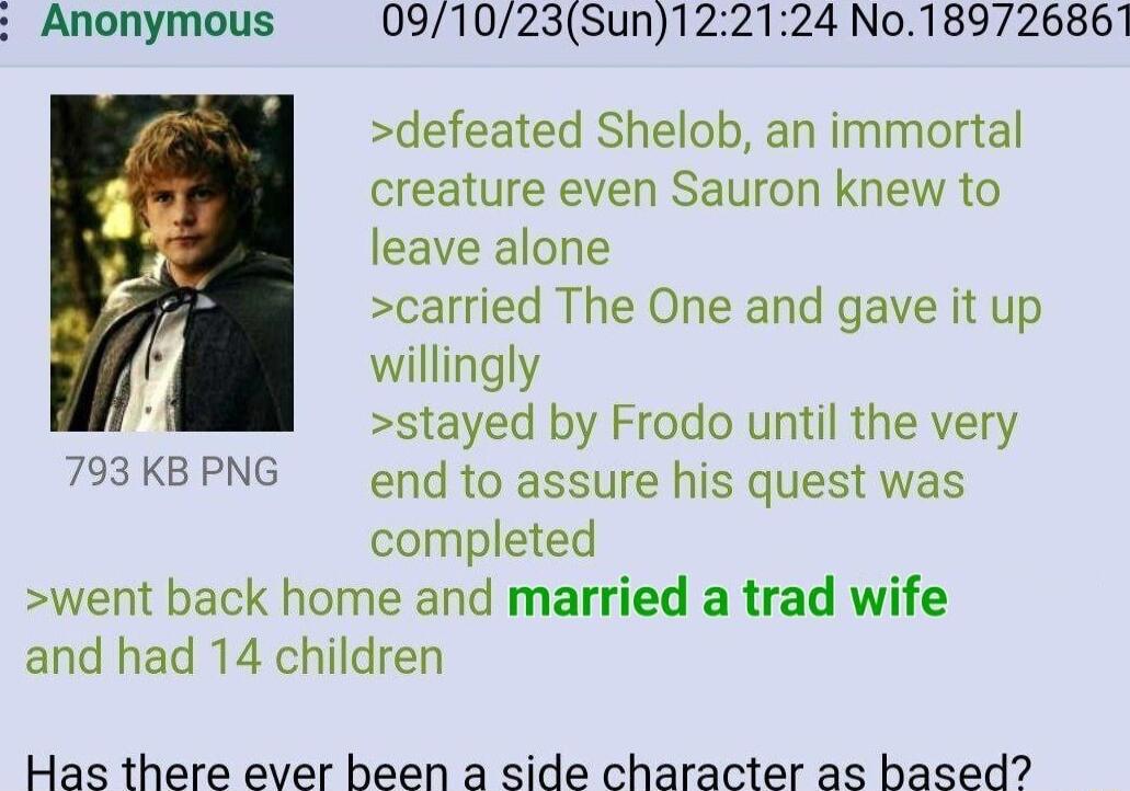 Anonymous 091023Sun122124 No189726861 defeated Shelob an immortal creature even Sauron knew to leave alone carried The One and gave it up willingly stayed by Frodo until the very 793KBPNG end to assure his quest was completed went back home and married a trad wife and had 14 children Has there ever been a side character as based