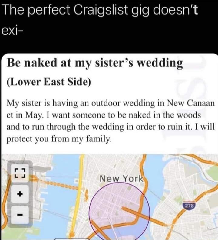 The perfect Craigslist gig doesnt exi Be naked at my sisters wedding Lower East Side My sister is having an outdoor wedding in New Canaan ct in May I want someone to be naked in the woods and to run through the wedding in order to ruin it I will protect you from my family ra New YorK i 2