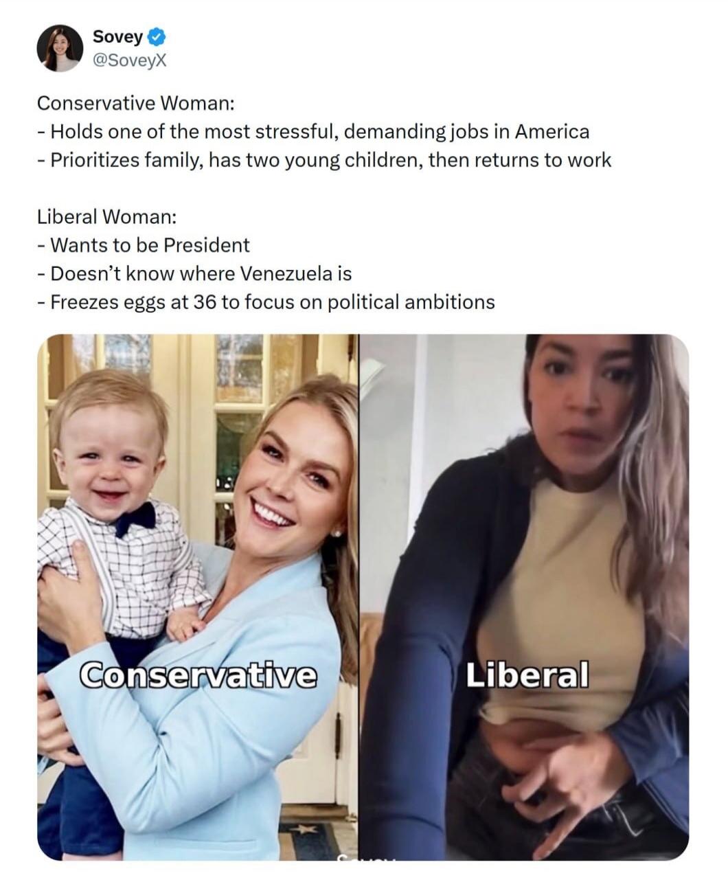 Sovey @SoveyX Conservative Woman: - Holds one of the most stressful, demanding jobs in America - Prioritizes family, has two young children, then returns to work Liberal Woman: - Wants to be President - Doesn't know where Venezuela is - Freezes eggs at 36 to focus on political ambitions Conservative Liberal