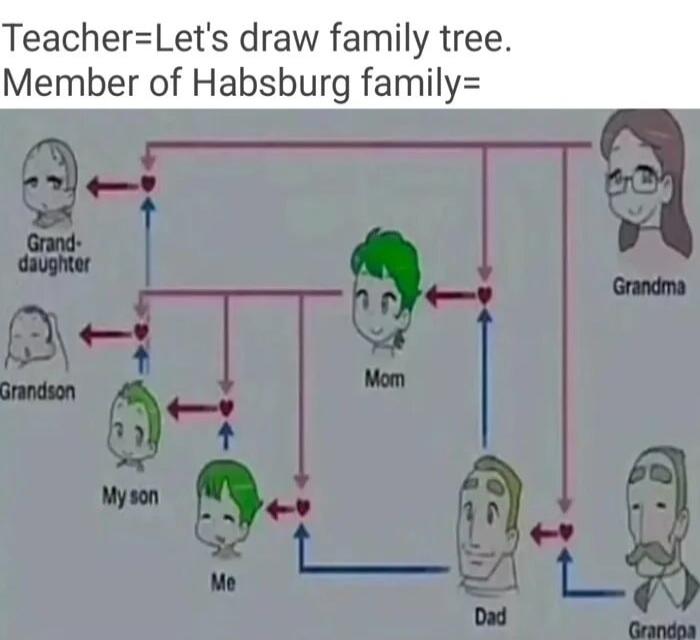 Teacher=Let's draw family tree. Member of Habsburg family= Grand-daughter Grandson My son Me Mom Dad Grandma Grandpa