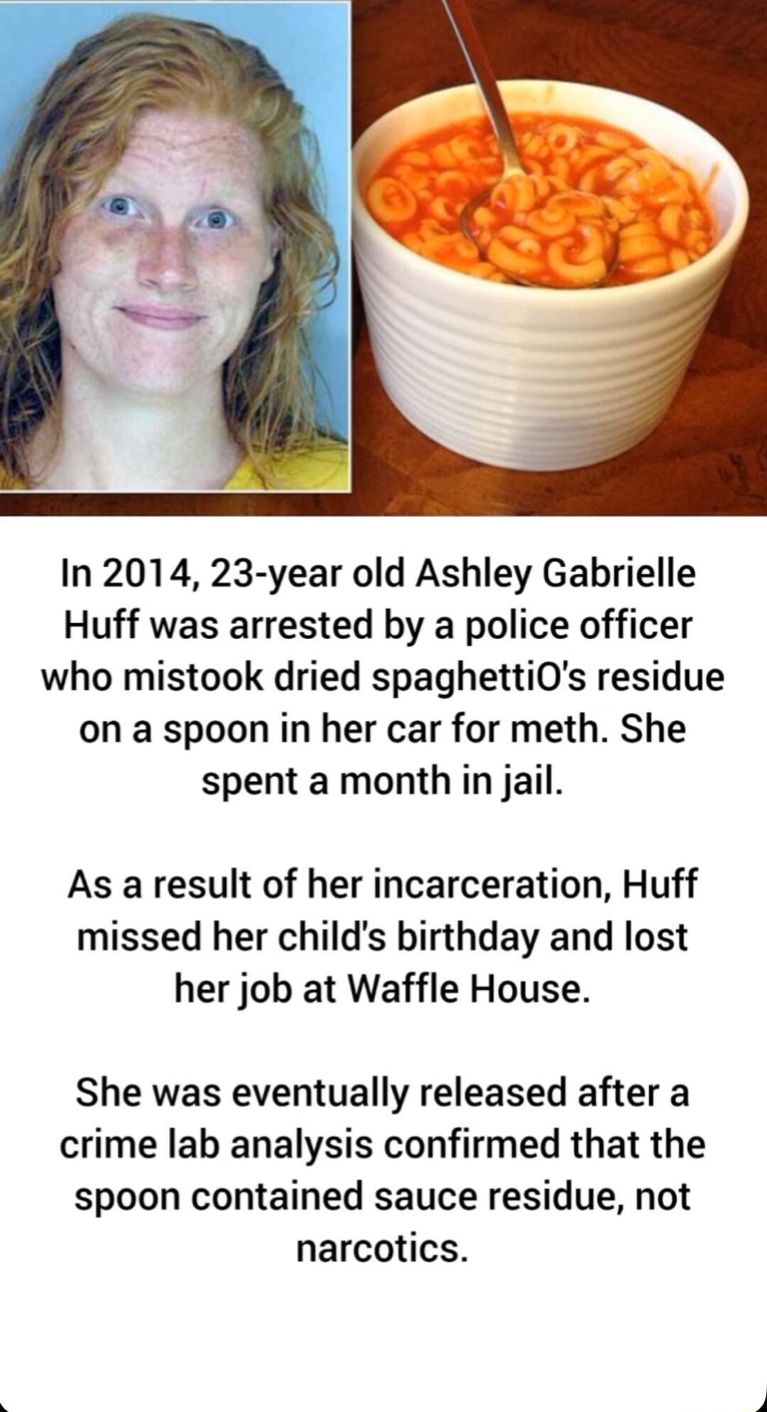 In 2014 23 year old Ashley Gabrielle Huff was arrested by a police officer who mistook dried spaghettiOs residue on a spoon in her car for meth She spent a month in jail As a result of her incarceration Huff missed her childs birthday and lost her job at Waffle House She was eventually released after a crime lab analysis confirmed that the spoon contained sauce residue not narcotics