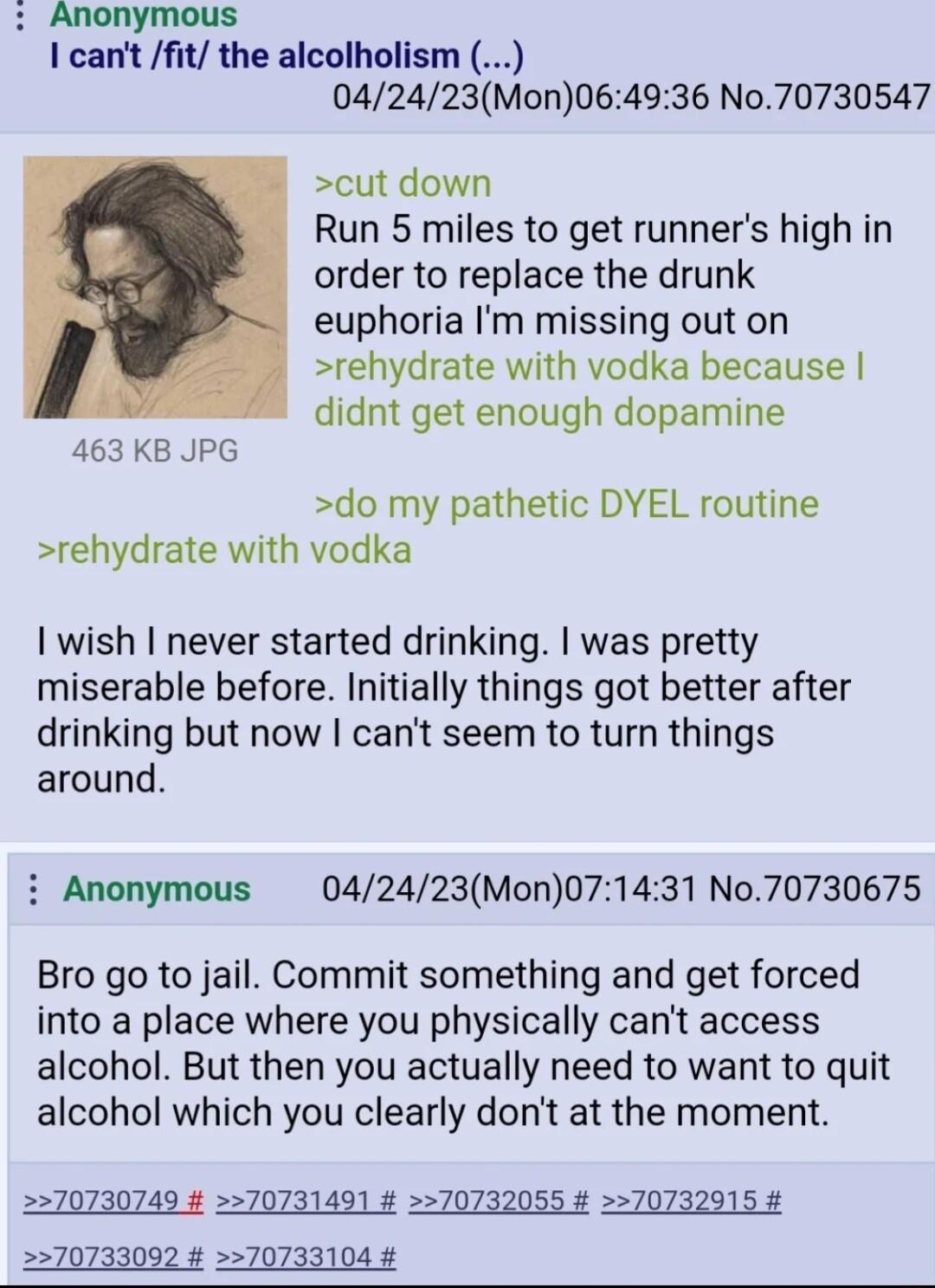 Anonymous cant fit the alcolholism 042423Mon064936 No70730547 cut down Run 5 miles to get runners high in order to replace the drunk euphoria Im missing out on rehydrate with vodka because didnt get enough dopamine 463 KB JPG do my pathetic DYEL routine rehydrate with vodka wish never started drinking was pretty miserable before Initially things got better after drinking but now cant seem to turn 