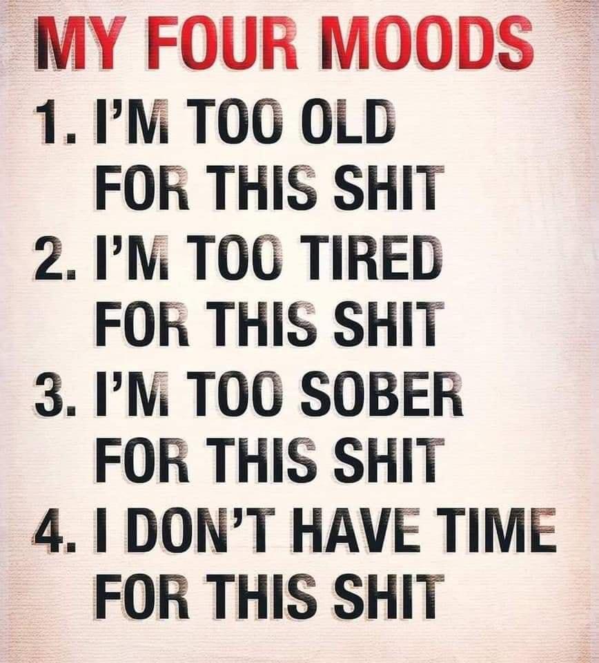 MY FOUR MOODS 1 Ni TOG OLD FOR THIS SHIT 2 INi TOC TIRED FOR THIS SHIT 3 I TOC SOBER FOR THIS SHIT 4 1 DONT HAVE TIME FOR THIS SHIT