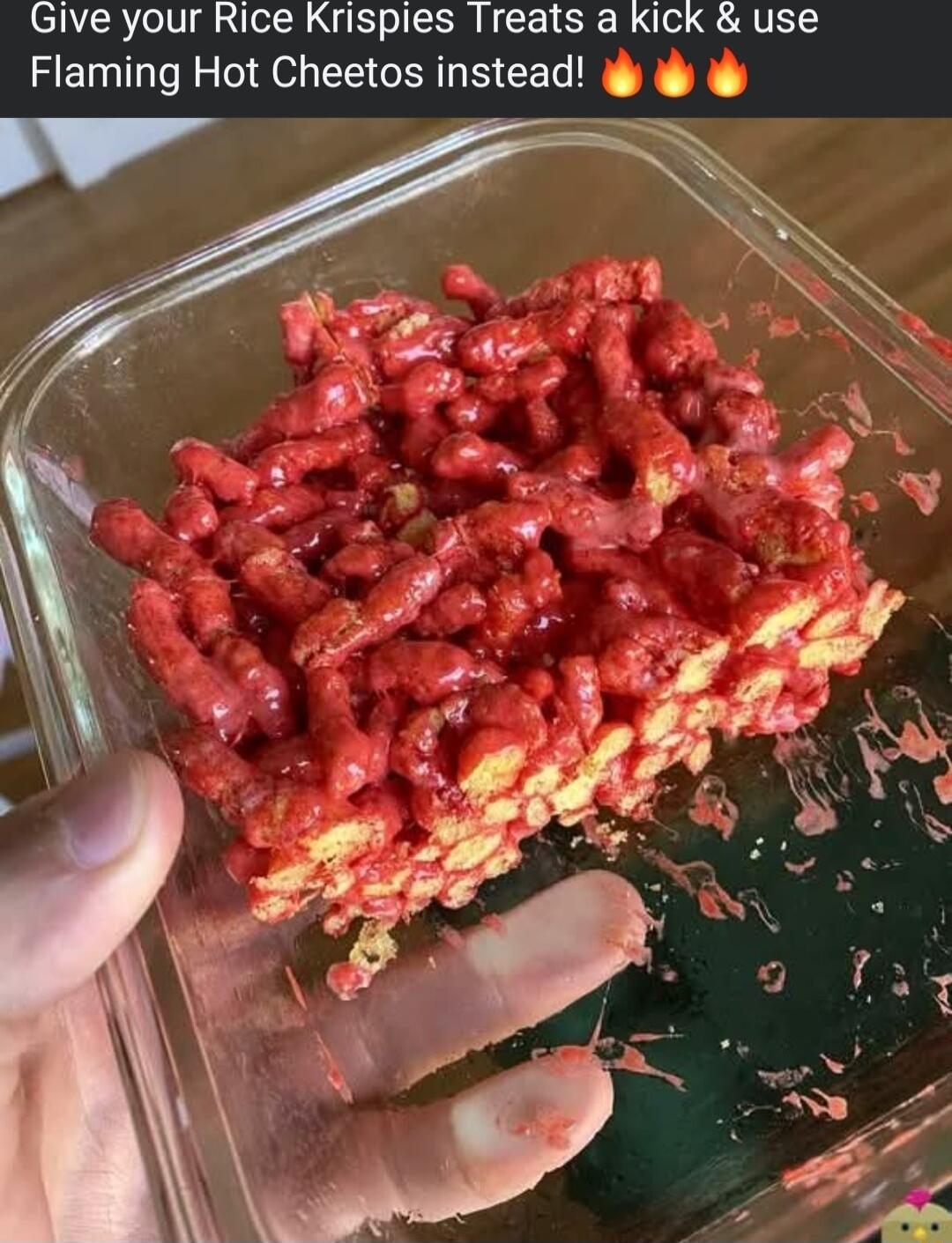 Give your Rice Krispies Treats a Kick use Flaming Hot Cheetos instead iy i