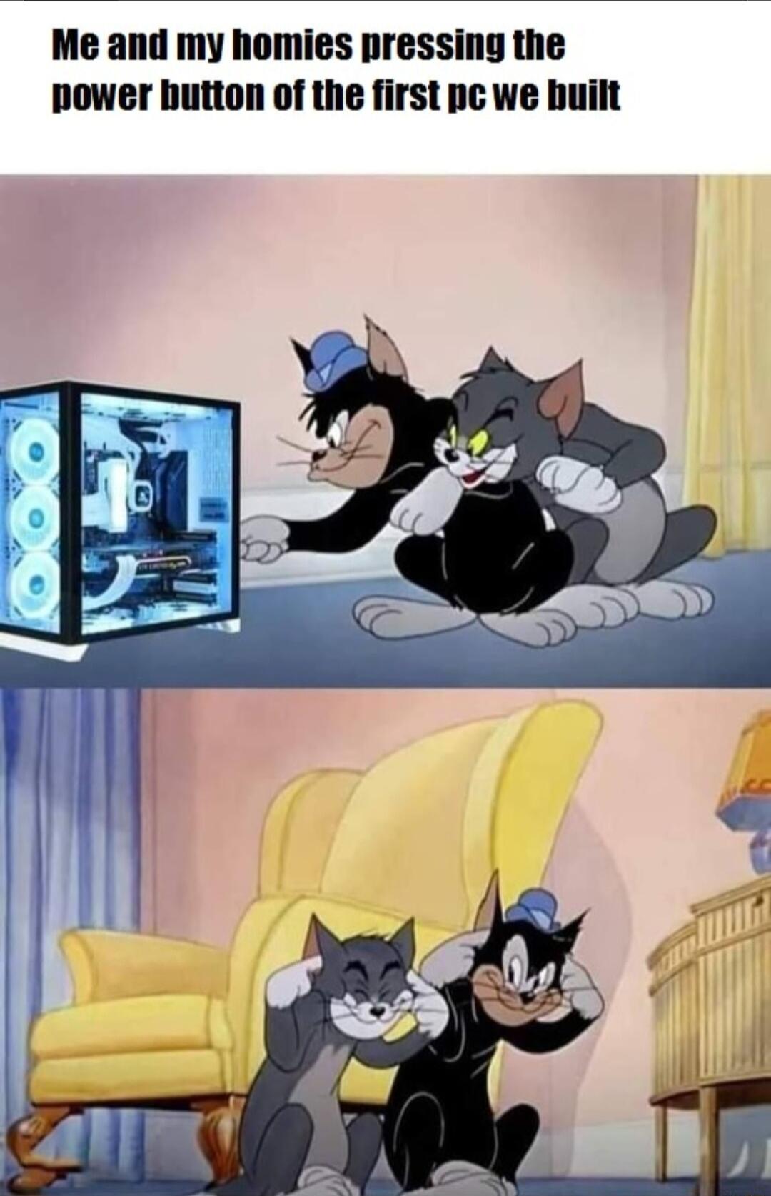 Me and my homies pressing the power hutton of the first pc we built