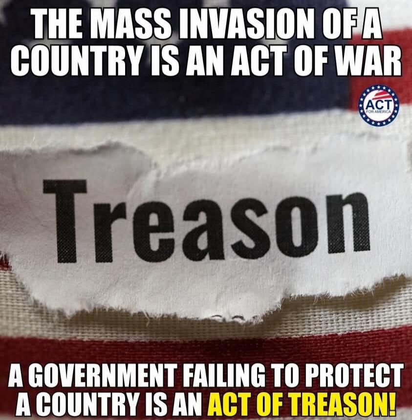 THE MASS INVASION OF A COUNTRY IS AN ACT OF WAR
Treason
A GOVERNMENT FAILING TO PROTECT A COUNTRY IS AN ACT OF TREASON!