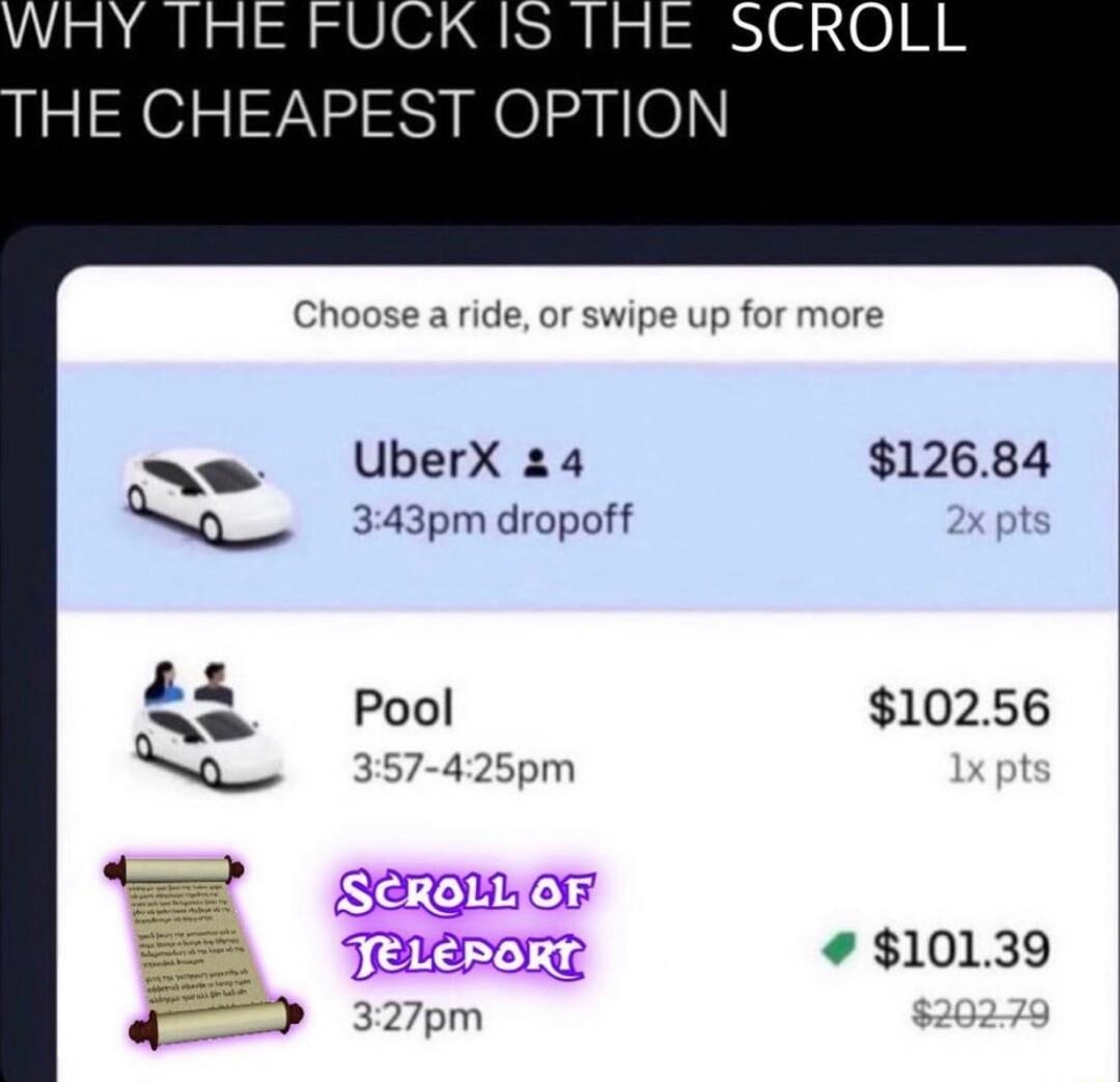 Choose a ride or swipe up for more e UberX 24 12684 343pm dropoff 2 pts i Pool 10256 10139