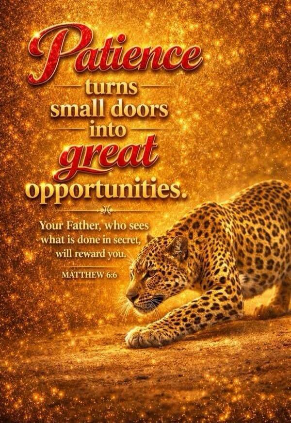Patience turns small doors into great opportunities. Your Father, who sees what is done in secret, will reward you. MATTHEW 6:6