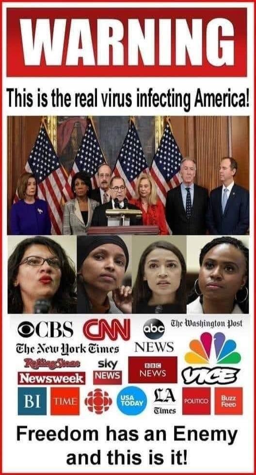 WARNING This is the real virus infecting America! CBS CNN ABC News The New York Times The Washington Post Rolling Stone Sky News BBC News Newsweek Vice BI Time USA Today LA Times Politico Buzz Feed Freedom has an Enemy and this is it!