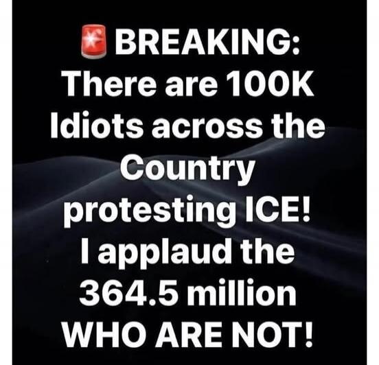 BREAKING: There are 100K Idiots across the Country protesting ICE! I applaud the 364.5 million WHO ARE NOT!