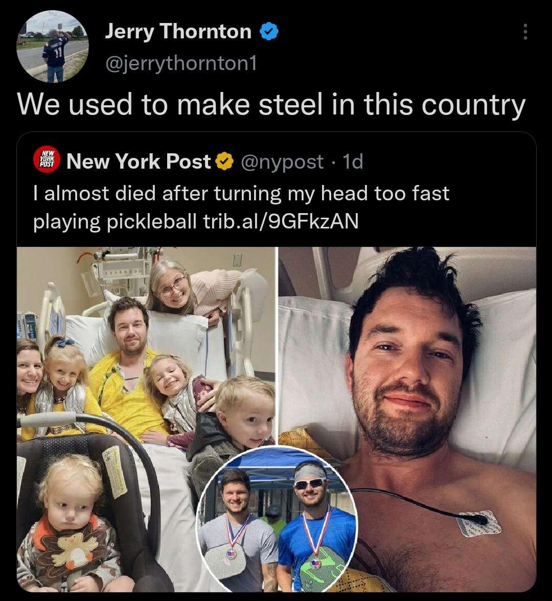 M 1y Thomton jerrythornton1 LU CRVEETe RN BT RS T R TR el 313Y New York Post nypost 1d almost died after turning my head too fast playing pickleball tribal9GFkzAN e