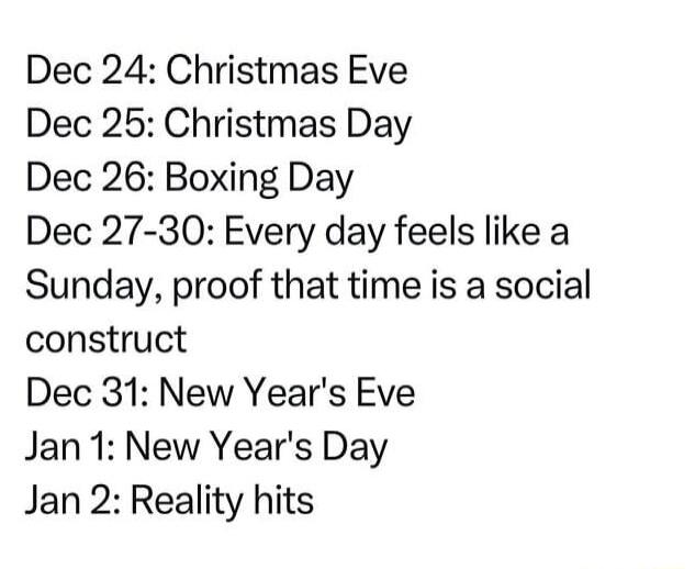 Dec 24 Christmas Eve Dec 25 Christmas Day Dec 26 Boxing Day Dec 27 30 Every day feels like a Sunday proof that time is a social construct Dec 31 New Years Eve Jan1 New Years Day Jan 2 Reality hits