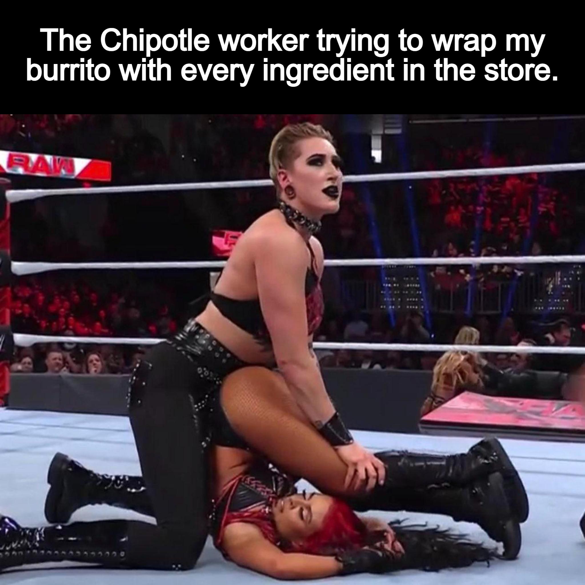 The Chipotle worker trying to wrap my burrito with every ingredient in the store