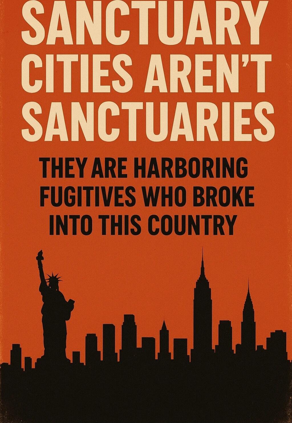 SANCTUARY CITIES AREN'T SANCTUARIES THEY ARE HARBORING FUGITIVES WHO BROKE INTO THIS COUNTRY