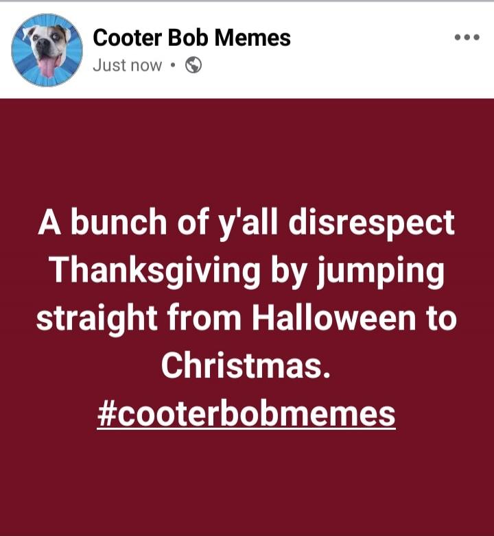 A bunch of y'all disrespect Thanksgiving by jumping straight from Halloween to Christmas. #cooterbobbmes