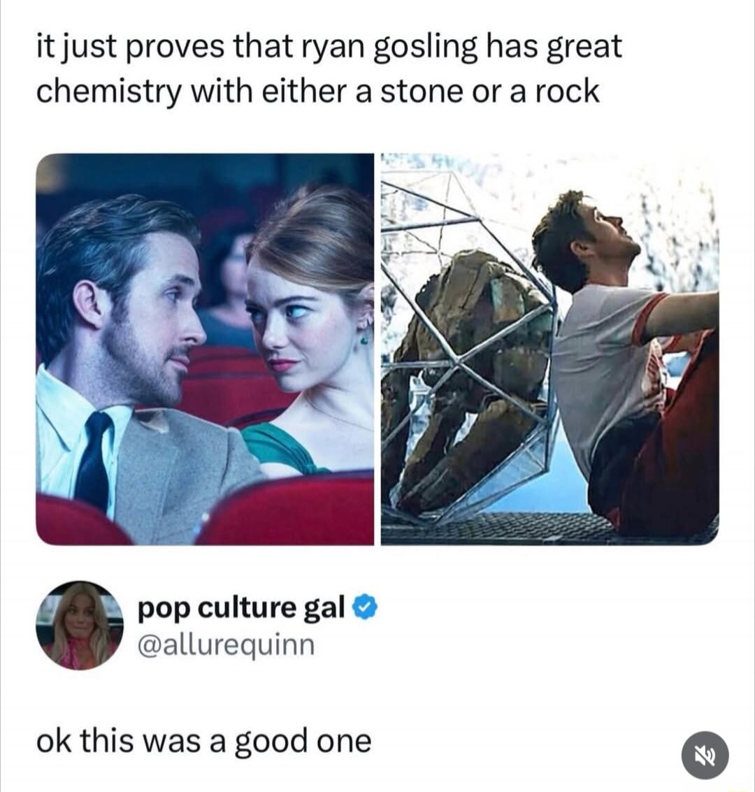 it just proves that ryan gosling has great chemistry with either a stone or a rock pop culture gal @allurequinn ok this was a good one
