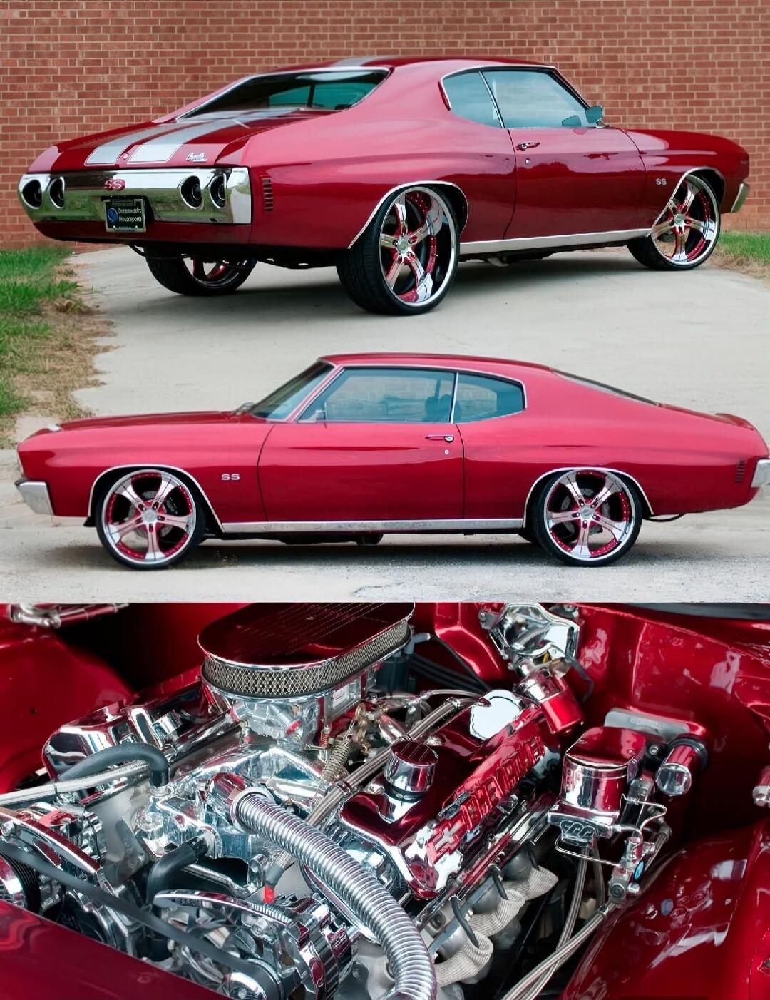 Three vintage red muscle cars with large chrome rims shown from side and rear views, plus a highly polished engine bay with chrome components.