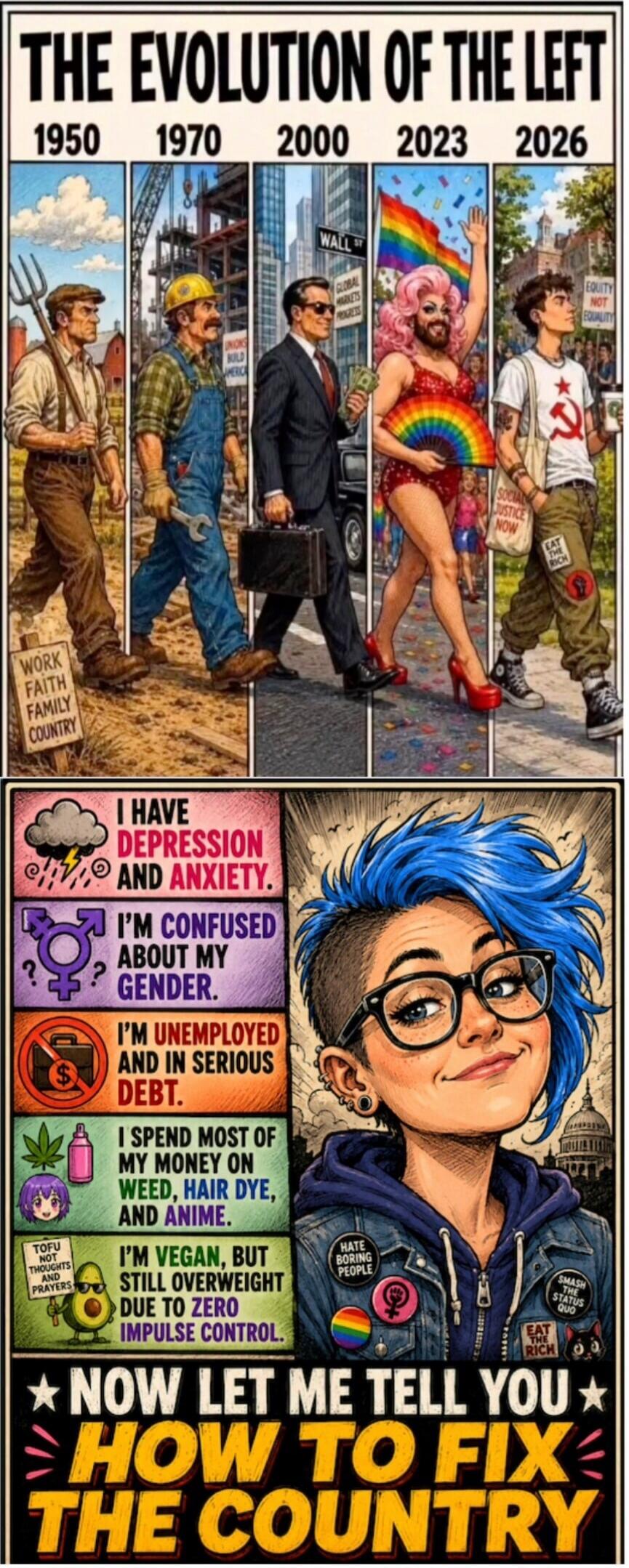 THE EVOLUTION OF THE LEFT 1950 1970 2000 2023 2026 WORK FAITH FAMILY COUNTRY UNIONS BUILD AMERICA WALL ST GLOBAL MARKETS PROGRESS SOCIAL JUSTICE NOW EQUITY NOT EQUALITY EAT THE RICH I HAVE DEPRESSION AND ANXIETY I'M CONFUSED ABOUT MY GENDER I'M UNEMPLOYED AND IN SERIOUS DEBT I SPEND MOST OF MY MONEY ON WEED, HAIR DYE, AND ANIME I'M VEGAN, BUT STILL