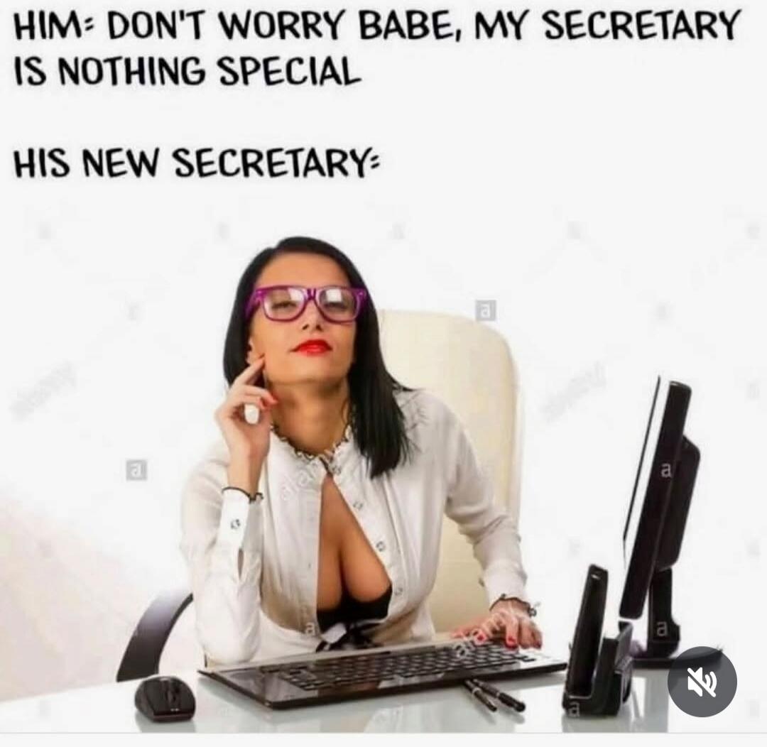 HIM: DON'T WORRY BABE, MY SECRETARY IS NOTHING SPECIAL. HIS NEW SECRETARY: