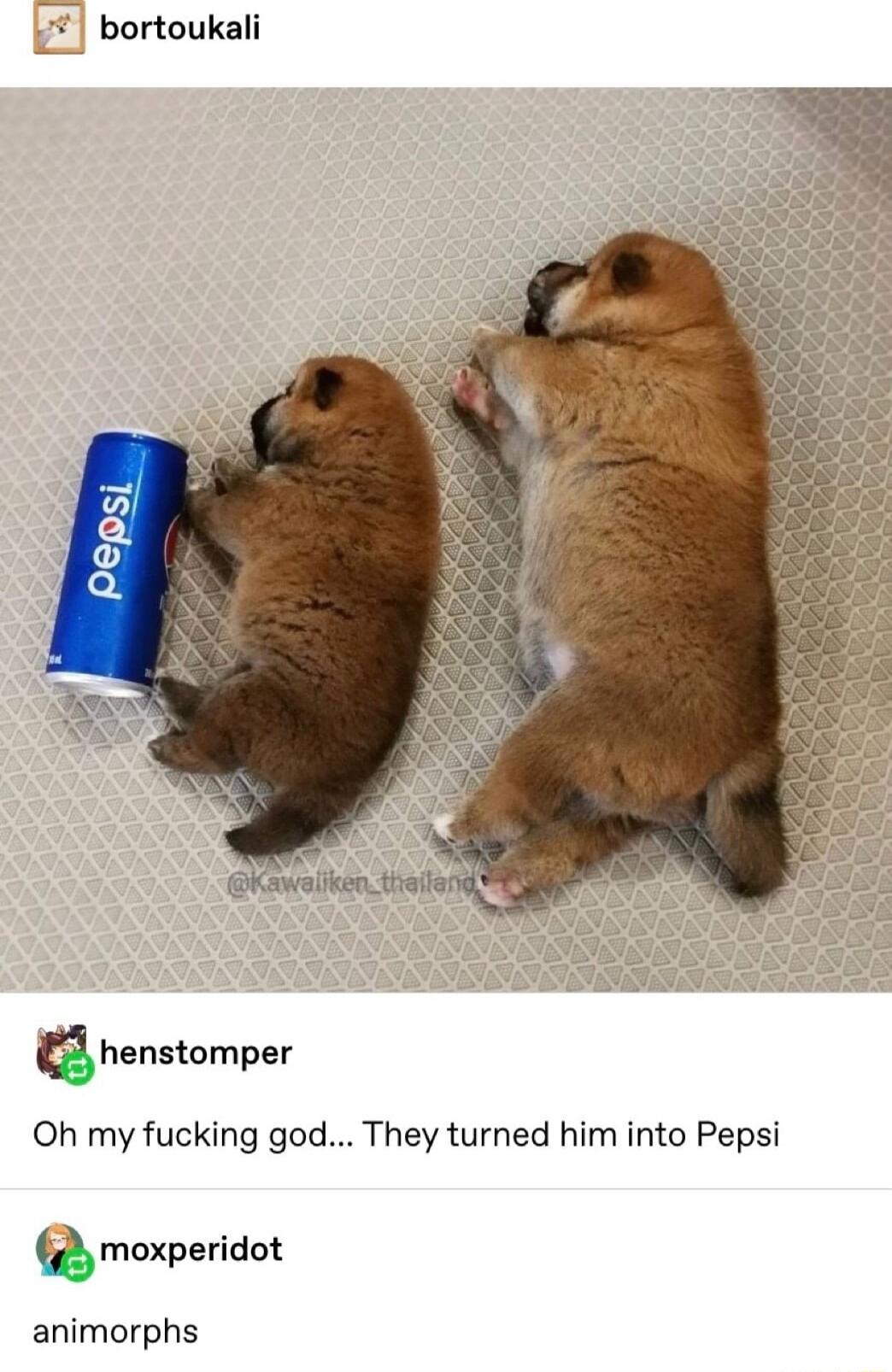 1 bortoukali henstomper Oh my fucking god They turned him into Pepsi moxperidot animorphs