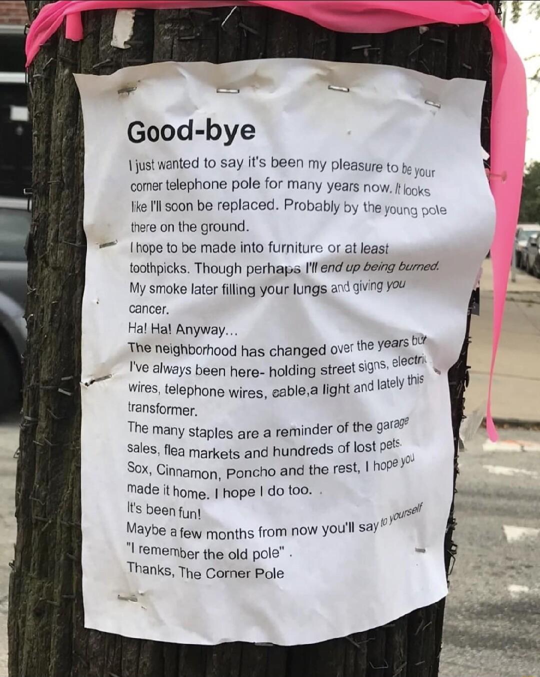 Good bye stnanted o say s been my pleasureto come phone pole for many years now Hie M scon be replaced Pro o g hogs oo made o fumiure o aieas ly by the oung po toothpicks Though perhaps fend up berg bumed My smoke late fllng your lungs 24 oV12 20 cancer Hal Hal Anyway W neighborhood has changed ove e aeys been here holding sireet 57 67 ires tlephone wires cablea it a2 rensiomer The many stapios ar