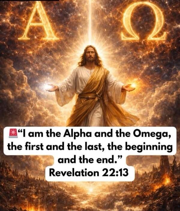 I am the Alpha and the Omega, the first and the last, the beginning and the end. Revelation 22:13. (Also visible: Alpha and Omega symbols)