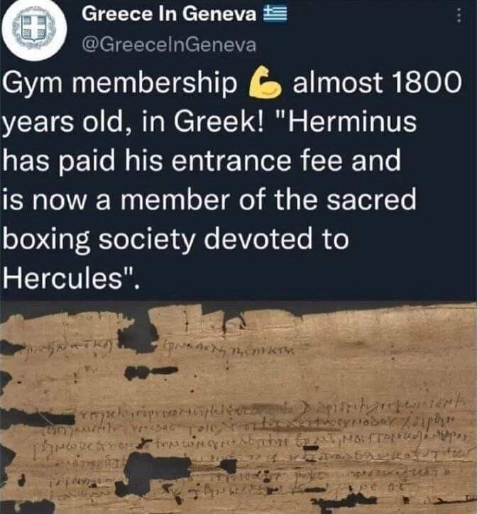 O Greece In Geneva Glel QeI EIVEY Gym membership almost 1800 years old in Greek Herminus has paid his entrance fee and is now a member of the sacred T aF RTe el Y 4R l 1 Te R o Hercules