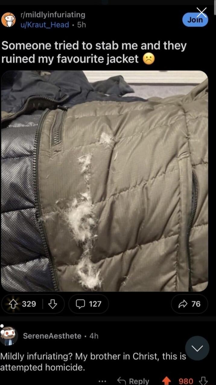 fmildlyinfuriating I uKraut_Head 5h Someone tried to stab me and they ruined my favourite jacket 320 Qaz 76 q SereneAesthete 4h Mildly infuriating My brother in Christ this is attempted homicide Reply 4 980 JL