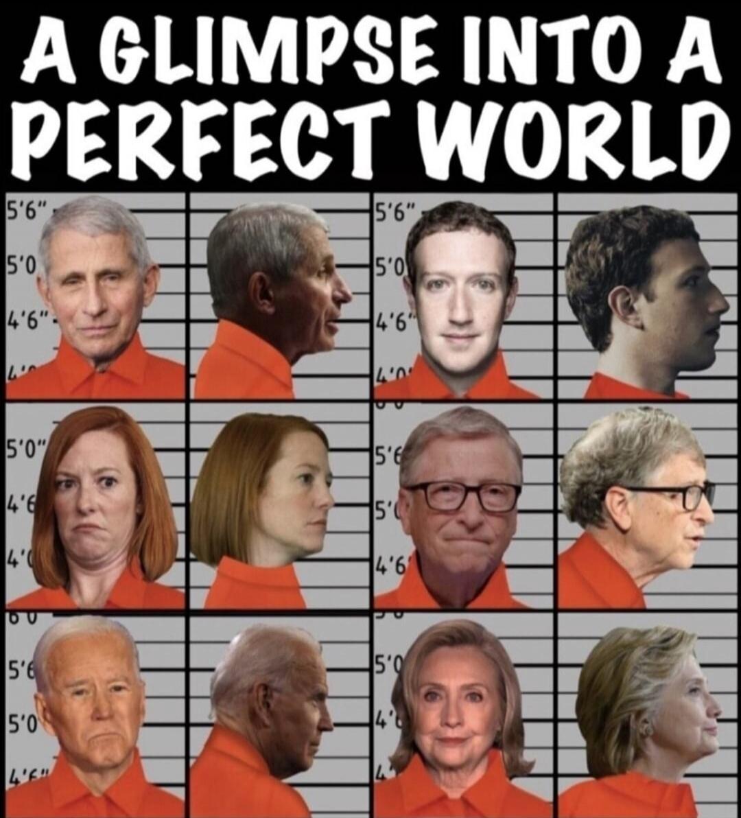 A GLIMPSE INTO A PERFECT WORLD. The image shows mugshots of Anthony Fauci, Mark Zuckerberg, Jen Psaki, Bill Gates, Joe Biden, and Hillary Clinton, all wearing orange jumpsuits against a height chart background, implying their arrest or imprisonment.