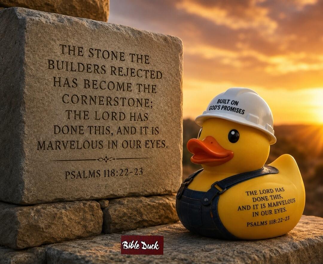 THE STONE THE BUILDERS REJECTED HAS BECOME THE CORNERSTONE; THE LORD HAS DONE THIS, AND IT IS MARVELOUS IN OUR EYES. PSALMS 118:22-23. BUILT ON GOD'S PROMISES. Bible Duck.