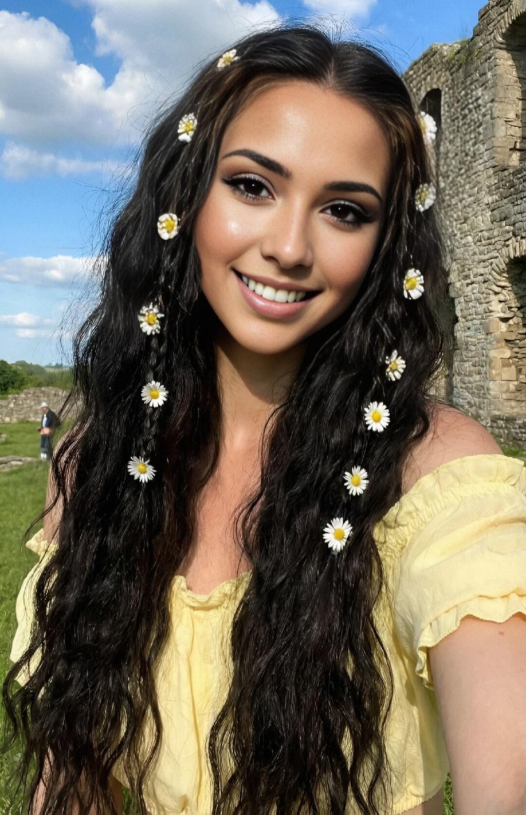 A young woman with long, dark, wavy hair adorned with small white daisies, smiling at the camera. She is wearing a yellow off-the-shoulder top. In the background, there's a grassy field, a blue sky with clouds, and ancient stone ruins.