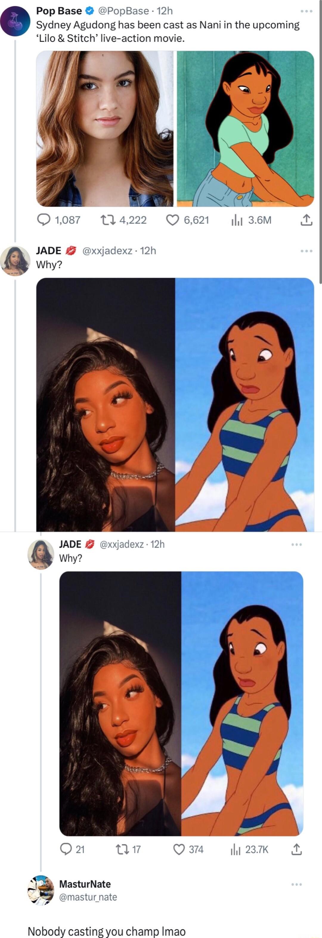 Pop Base PopBase 12h Sydney Agudong has been cast as Nani in the upcoming Lilo Stitch live action movie Q1087 114222 Q6621 36M 5 A JADE xxjadexz 12h Why MasturNate 9 emasturnate Nobody casting vou champ Iiao