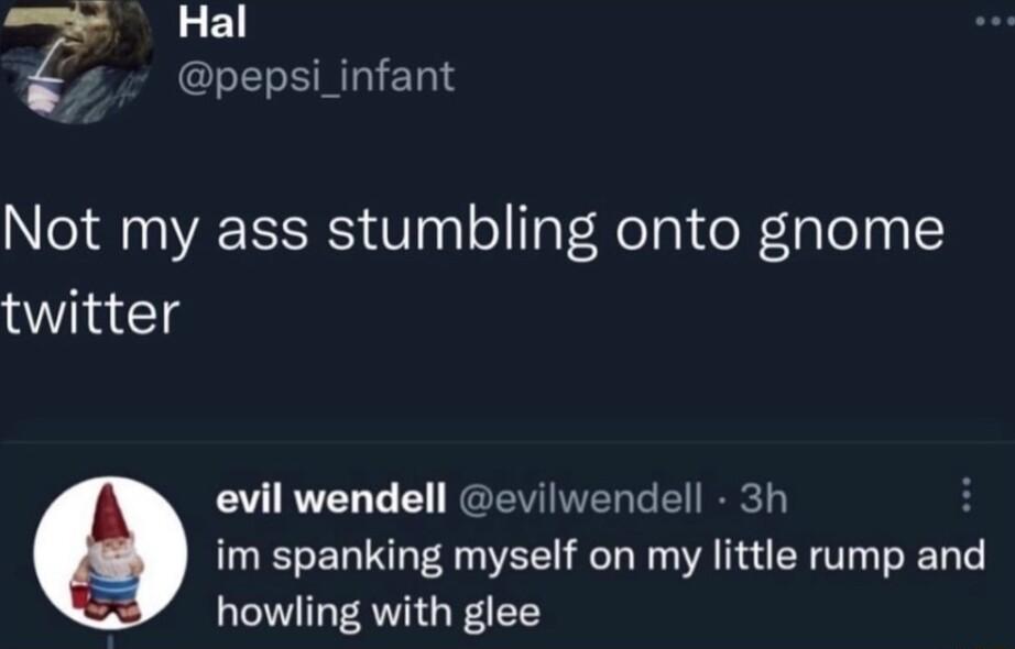 a Hal GLELERGIERI Not my ass stumbling onto gnome twitter evil wendell evilwendell 3h H im spanking myself on my little rump and howling with glee