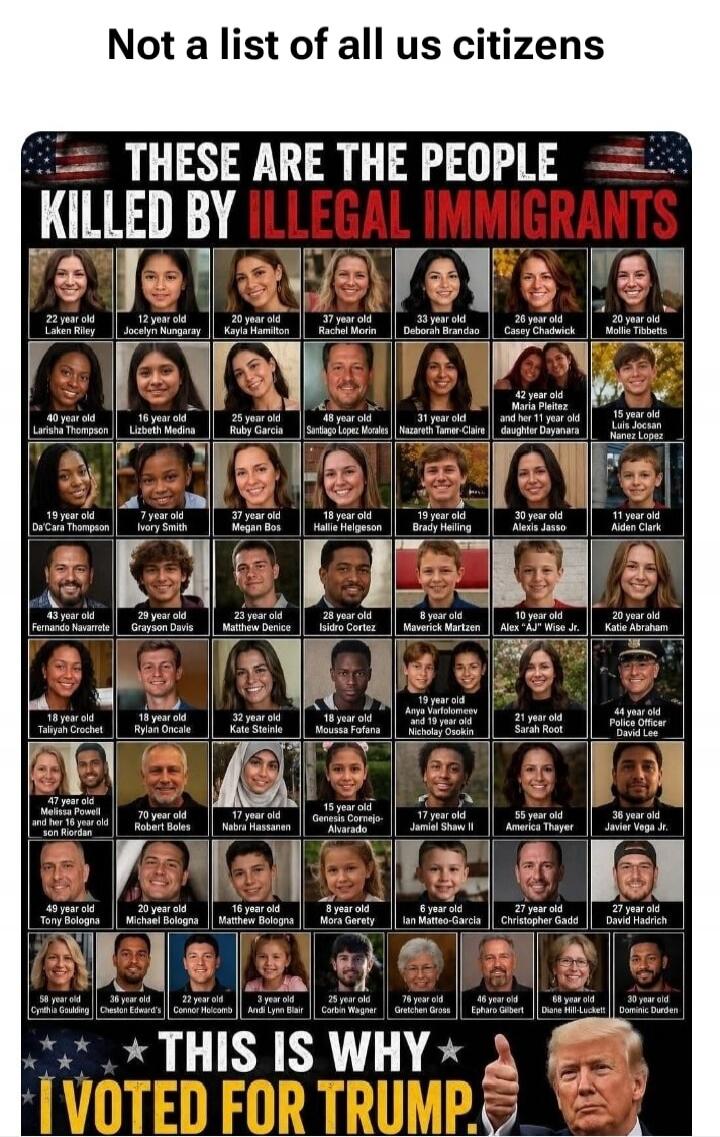 Not a list of all US citizens. THESE ARE THE PEOPLE KILLED BY ILLEGAL IMMIGRANTS. The image displays a grid of numerous individuals with their names and ages, implying they are victims. Below the grid, it states: THIS IS WHY I VOTED FOR TRUMP. Donald Trump is shown giving a thumbs up.
