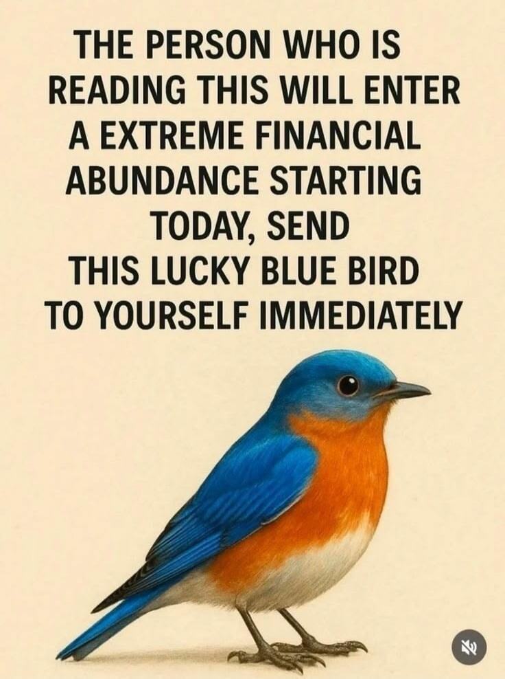 THE PERSON WHO IS READING THIS WILL ENTER A EXTREME FINANCIAL ABUNDANCE STARTING TODAY, SEND THIS LUCKY BLUE BIRD TO YOURSELF IMMEDIATELY