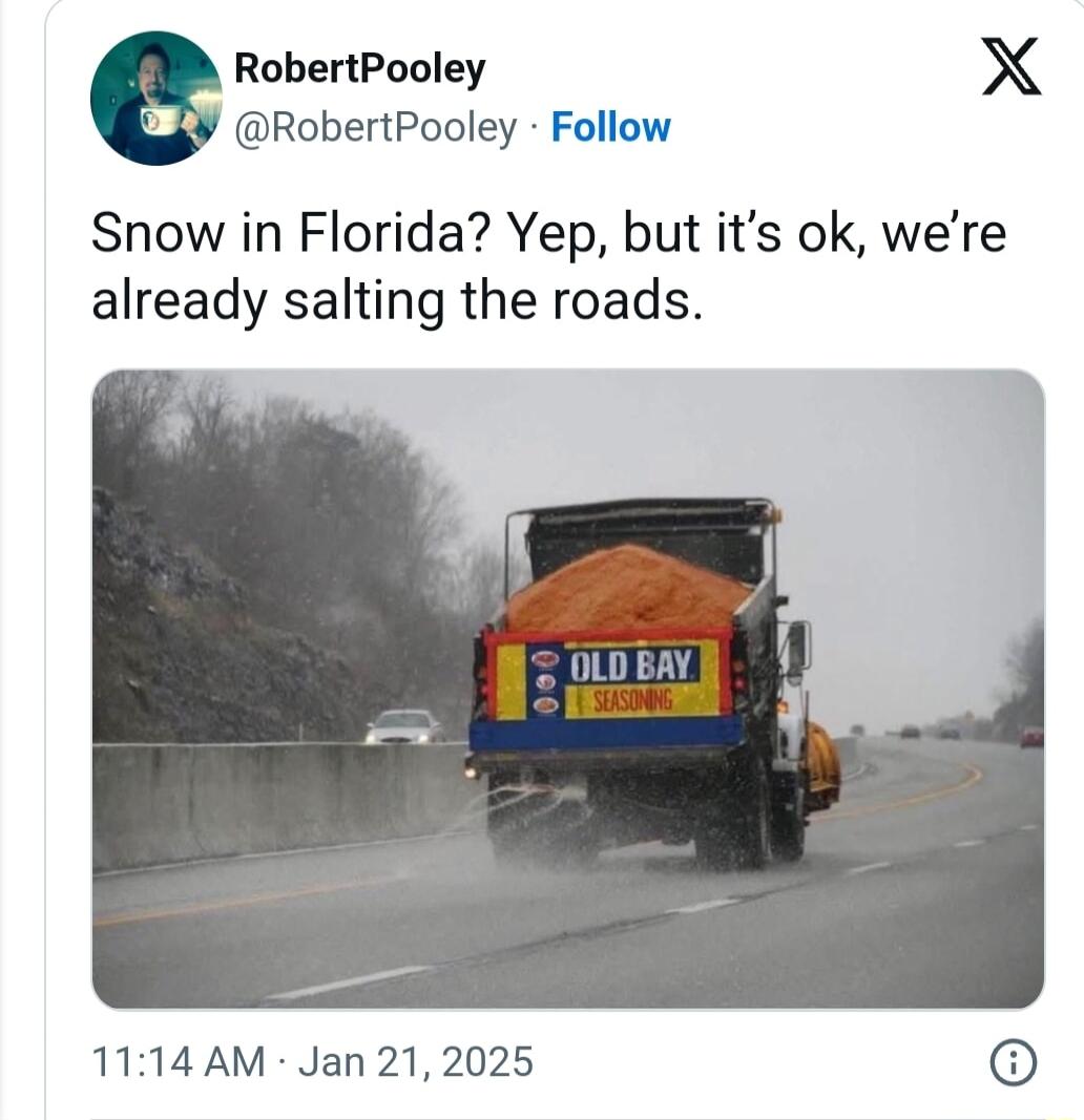 RobertPooley X RobertPooley Follow Snow in Florida Yep but its ok were already salting the roads 1114 AM Jan 21 2025