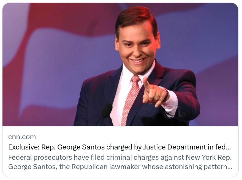 enncom Exclusive Rep George Santos charged by Justice Department n fed Federal prosecutors have filed criminal charges against New York Rep George Santos the Republican lawmaker whose astonishing pattern
