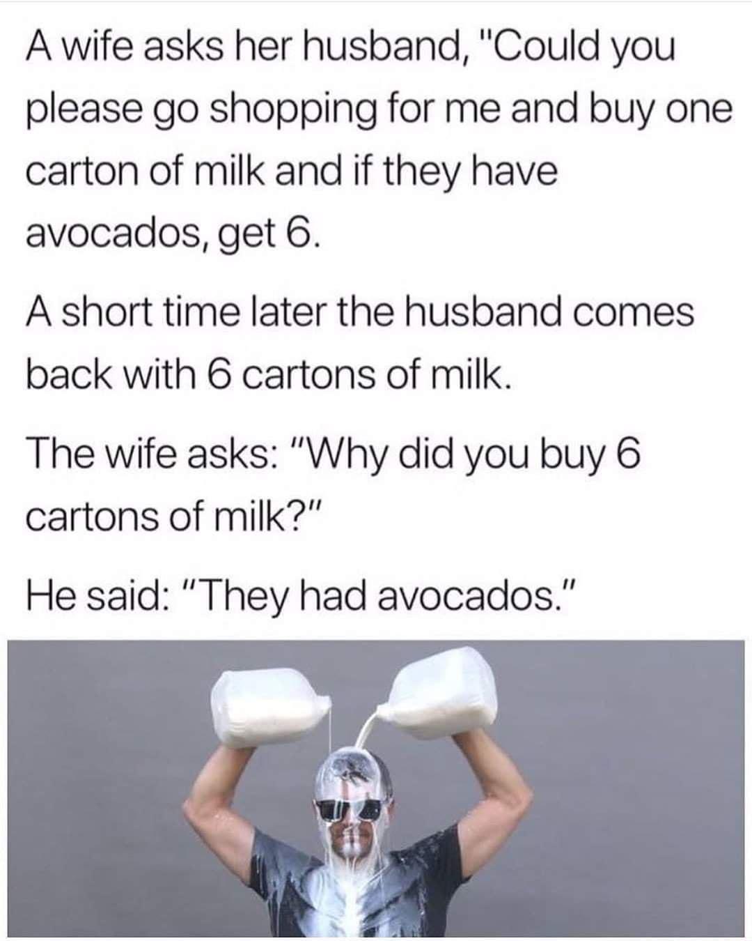 A wife asks her husband Could you please go shopping for me and buy one carton of milk and if they have avocados get 6 A short time later the husband comes back with 6 cartons of milk The wife asks Why did you buy 6 cartons of milk He said They had avocados
