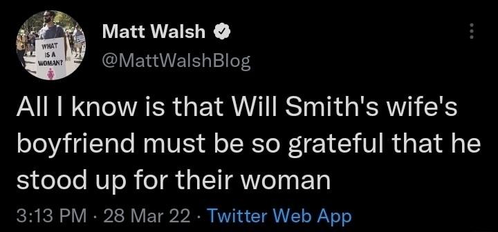 V EGANEIR N I EYUETS15 eF3 All know is that Will Smiths wifes boyfriend must be so grateful that he stood up for their woman 313 PM 28 Mar 22 Twitter Web App