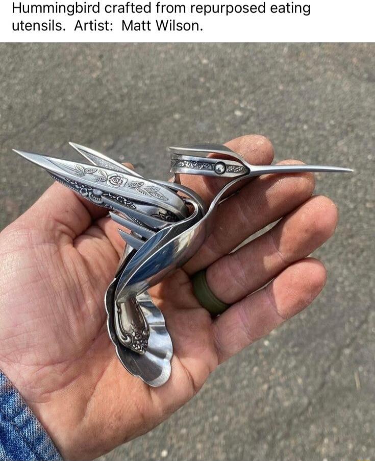 Hummingbird crafted from repurposed eating utensils. Artist: Matt Wilson.