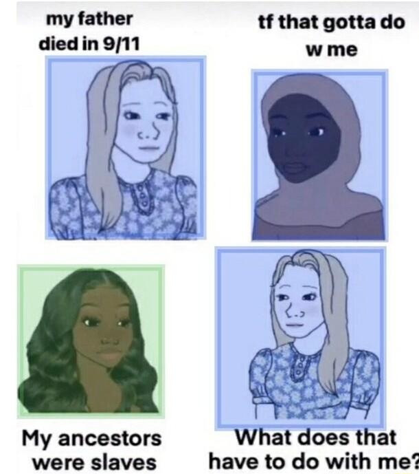 my father died in 911 My ancestors were slaves tf that gotta do wme What does that have to do with me