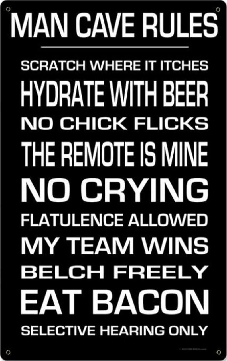 MAN CAVE RULES SCRATCH WHERE ITCHES HYDRATE WITH BEER NO CHICK FLICKS THE REMOTE IS MINE NO CRYING FLATULENCE ALLOWED MY TEAM WINS BELCH FREELY EAT BACON SELECTIVE HEARING ONLY