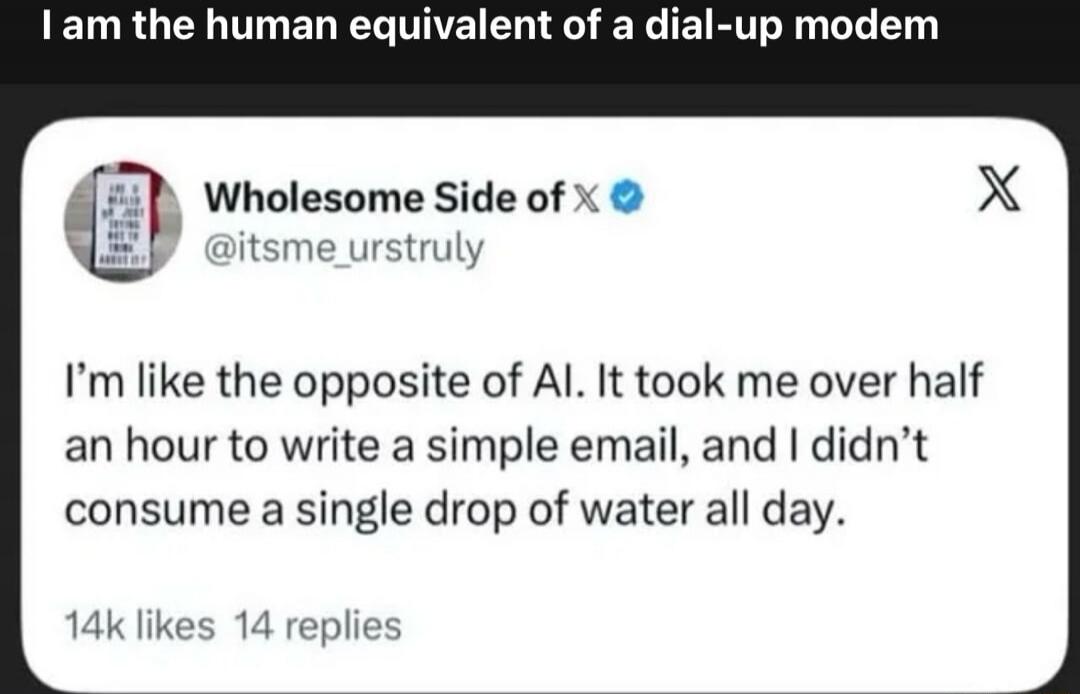 I am the human equivalent of a dial-up modem. I'm like the opposite of AI. It took me over half an hour to write a simple email, and I didn't consume a single drop of water all day.
