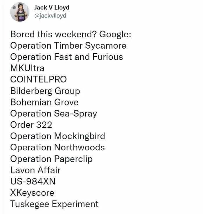 Jack V Lioyd o iackviloyd Bored this weekend Google Operation Timber Sycamore Operation Fast and Furious MKUItra COINTELPRO Bilderberg Group Bohemian Grove Operation Sea Spray Order 322 Operation Mockingbird Operation Northwoods Operation Paperclip Lavon Affair US 984XN XKeyscore Tuskegee Experiment 941PM Mar 11 2022 Twitter Web App