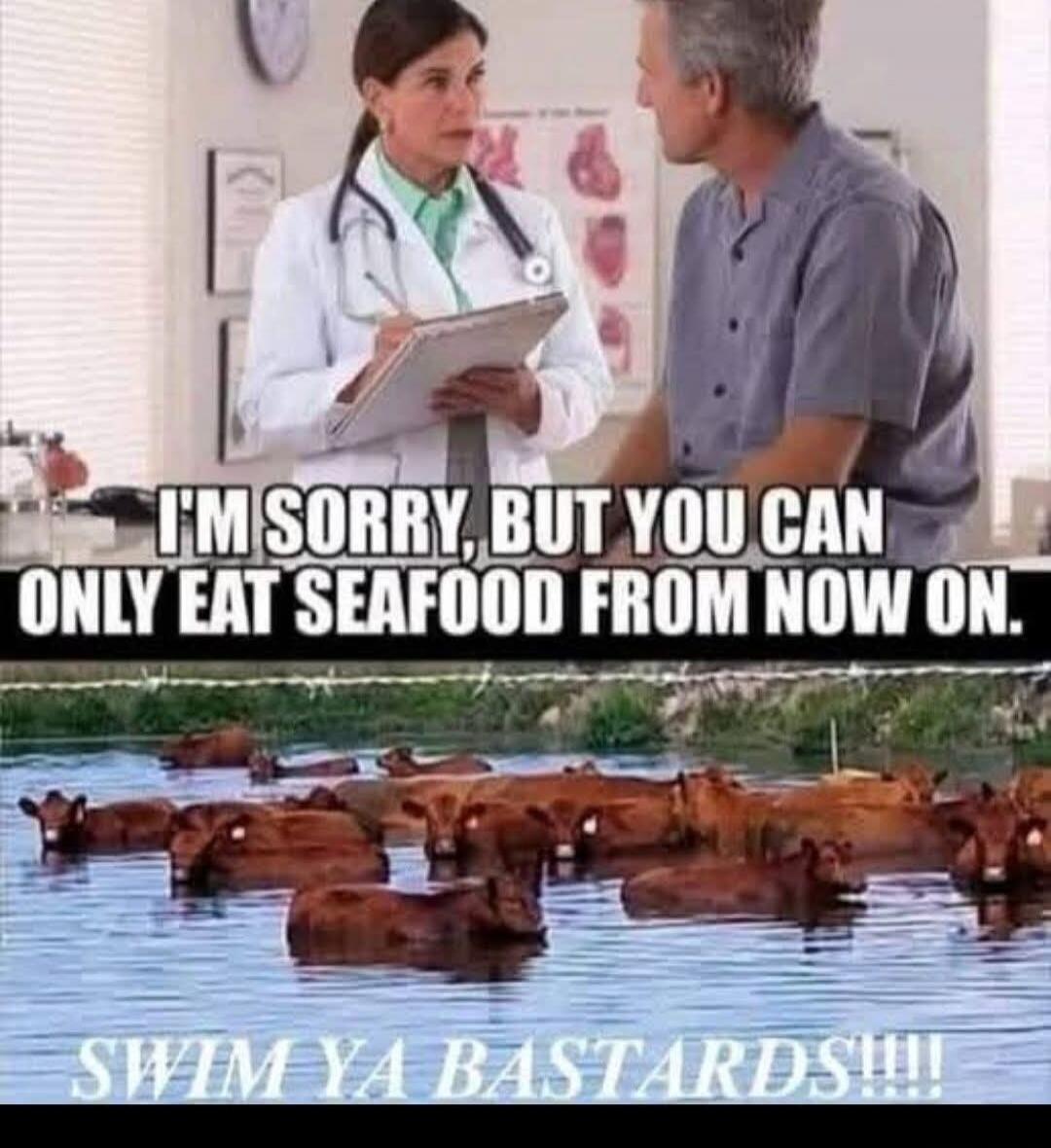 I'M SORRY, BUT YOU CAN ONLY EAT SEAFOOD FROM NOW ON. SWIM YA BASTARDS!!!!